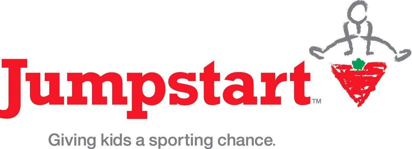 Jumpstart logo with red text and a dangling strawberry, tagline “Giving kids a sporting chance.”