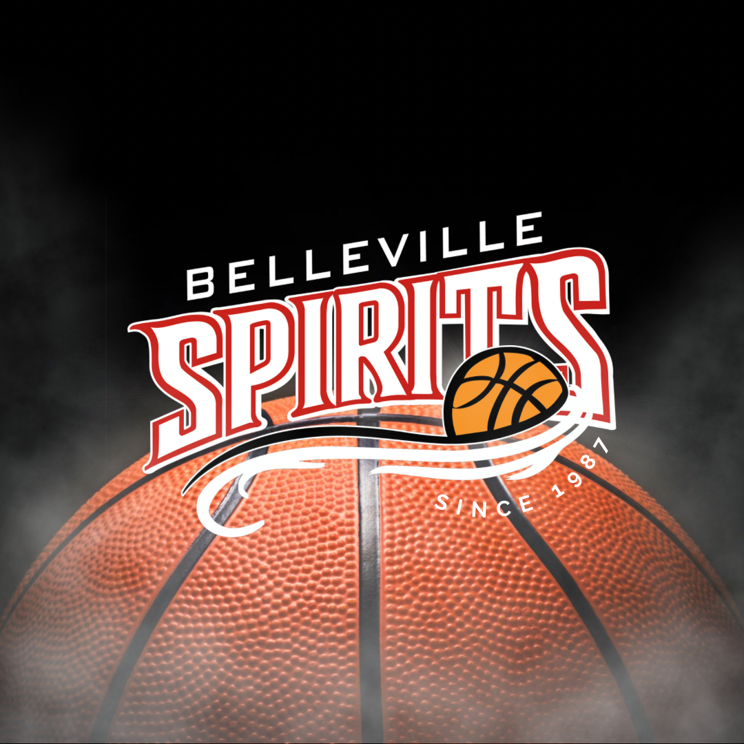 Belleville Spirits basketball logo over an orange basketball on a black background