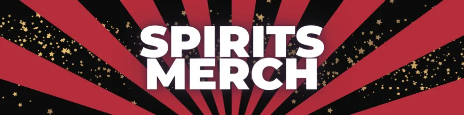 SPIRITS MERCH text in bold white on a black, red, and white striped background with confetti accents