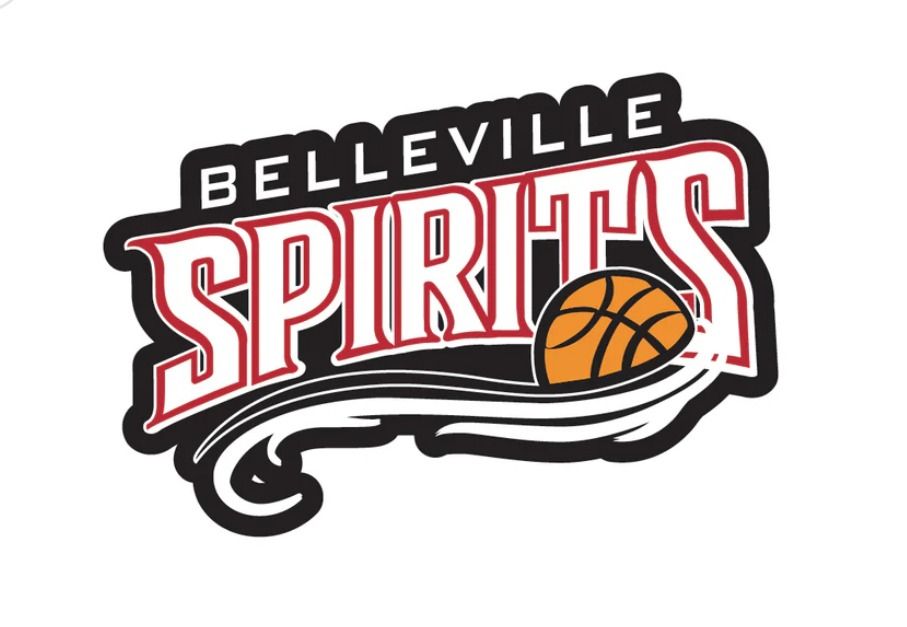 Belleville Spirits basketball team logo with black, red, and orange lettering and a basketball
