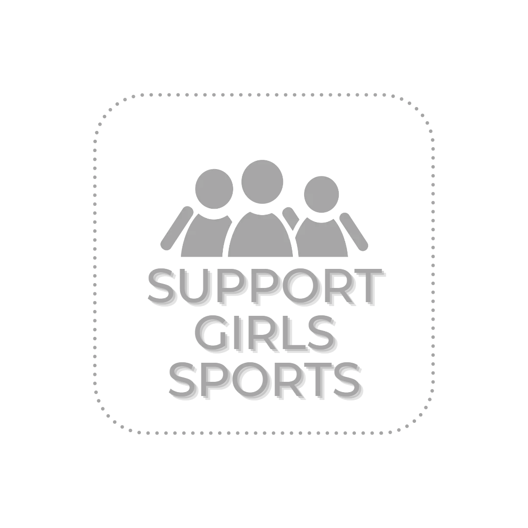 Gray “Support Girls Sports” logo with three stylized figures inside a dotted rounded square