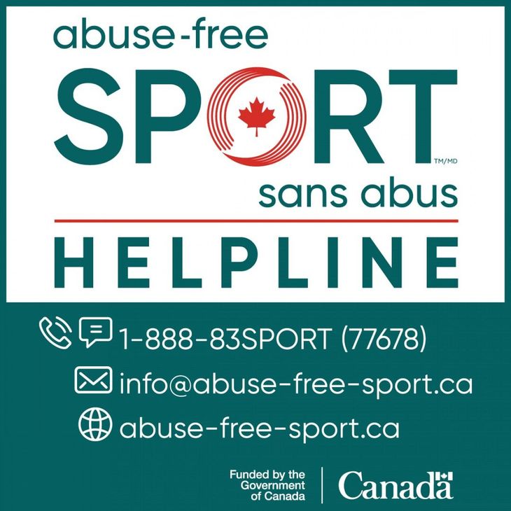 Abuse-Free Sport Helpline poster with contact details, teal and white logo, bilingual text, and Canada wordmark