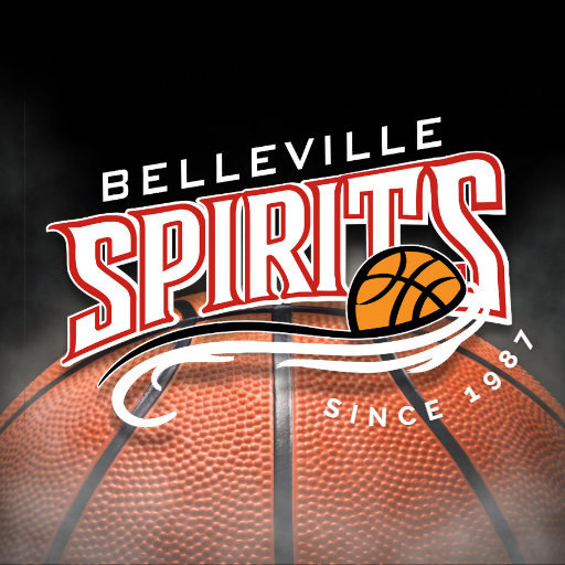 Belleville Spirits basketball team logo with orange basketball and red-white lettering, since 1987