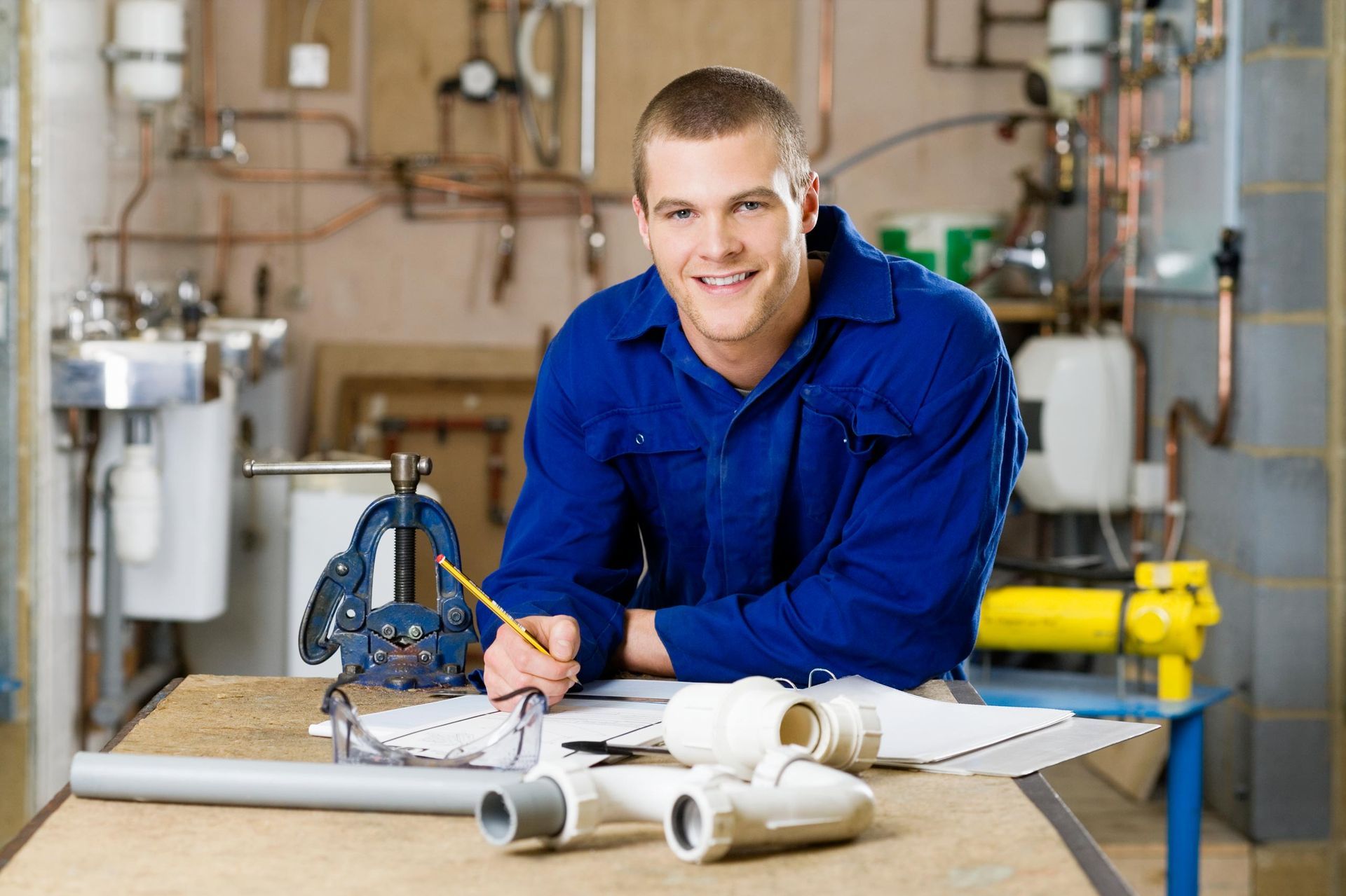 Smiling plumber in blue overalls, leaning on a desk with plans and pipes in a workshop.