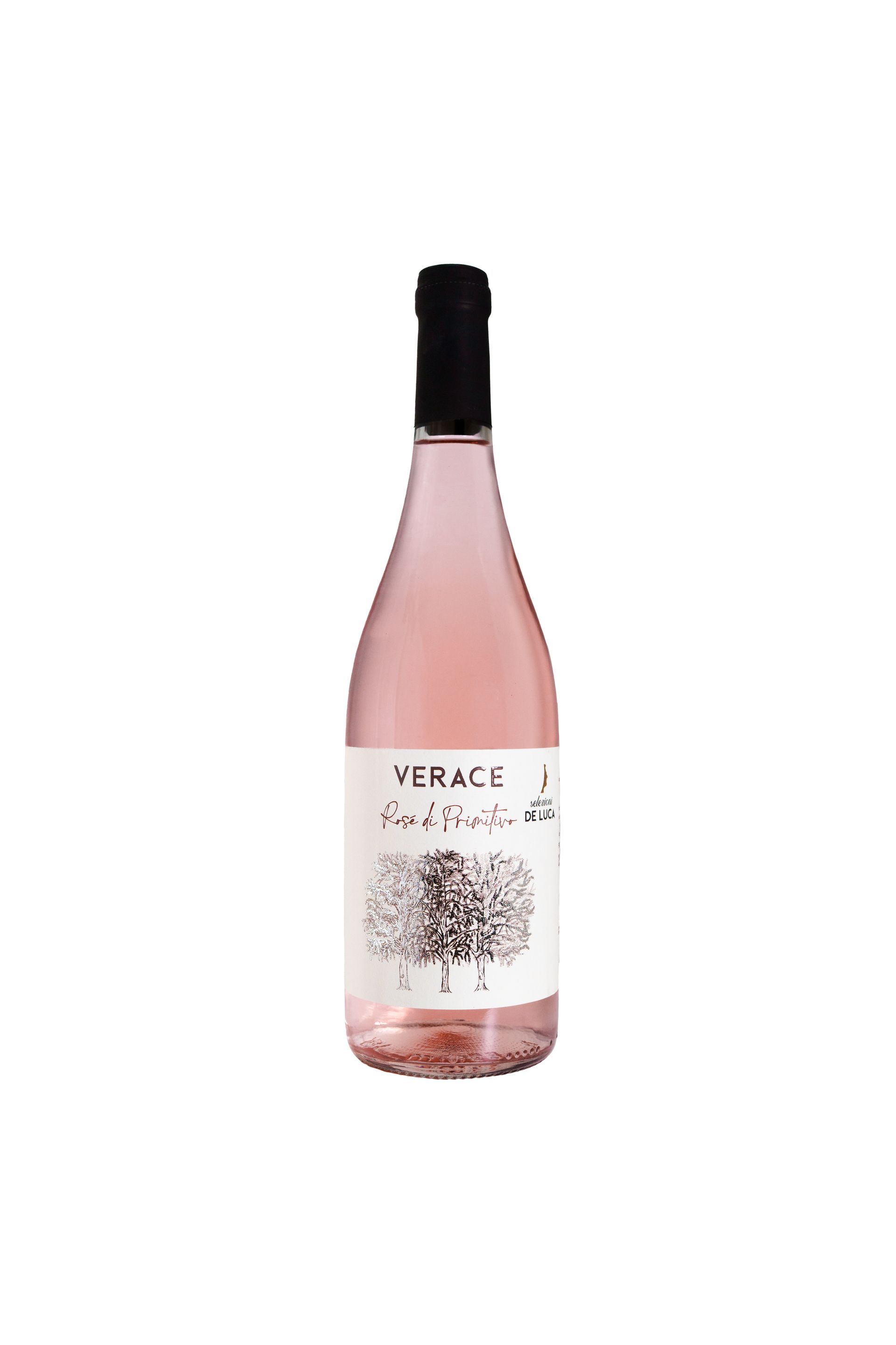 Bottiglia di vino rosato con tappo nero ed etichetta bianca.