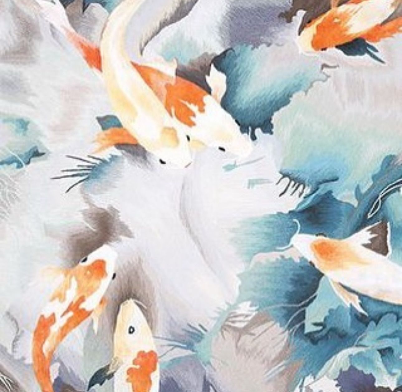 A painting of a group of fish swimming in a pond