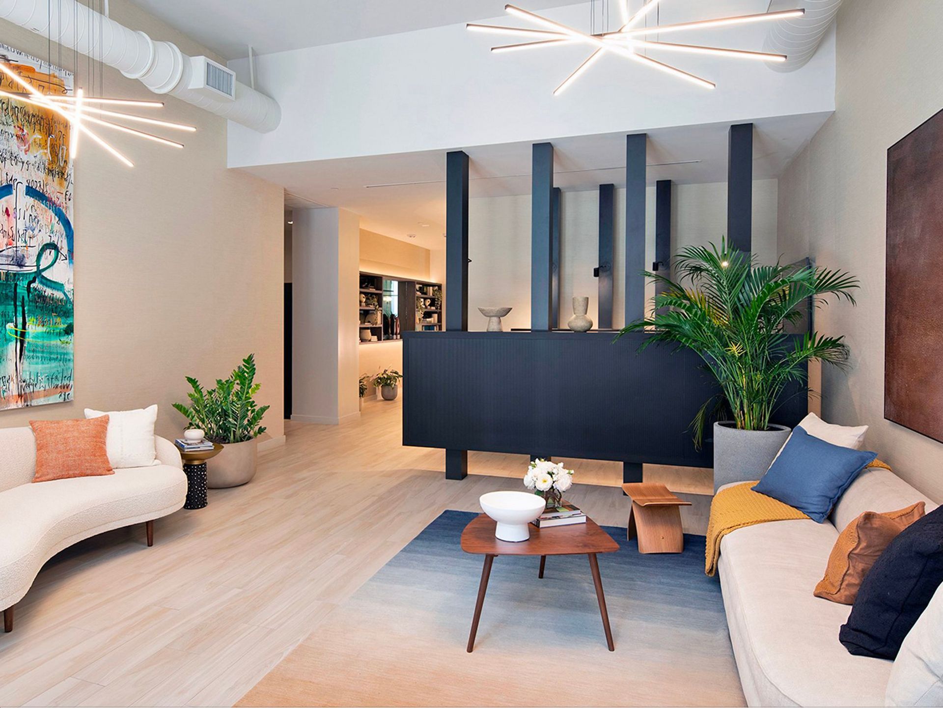 A living room with a couch and a coffee table