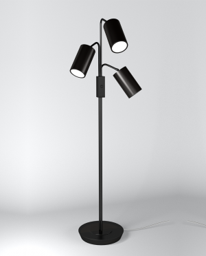 A black floor lamp with three shades on a white background