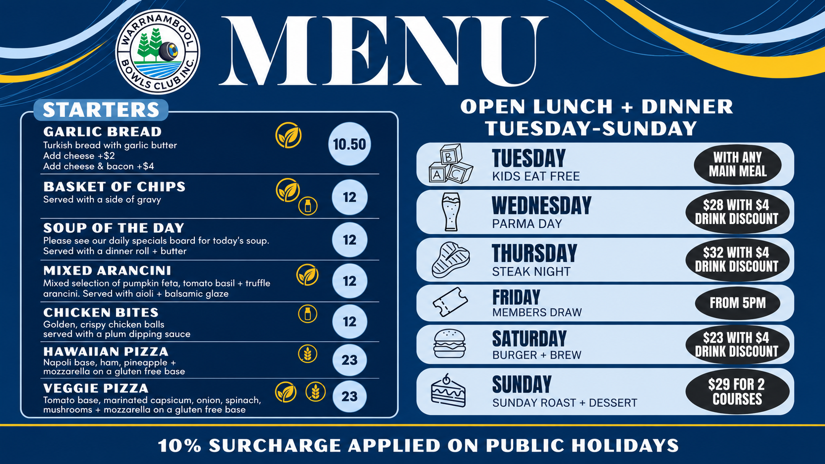 Warrnambool Bowls Club menu – starters and weekly specials