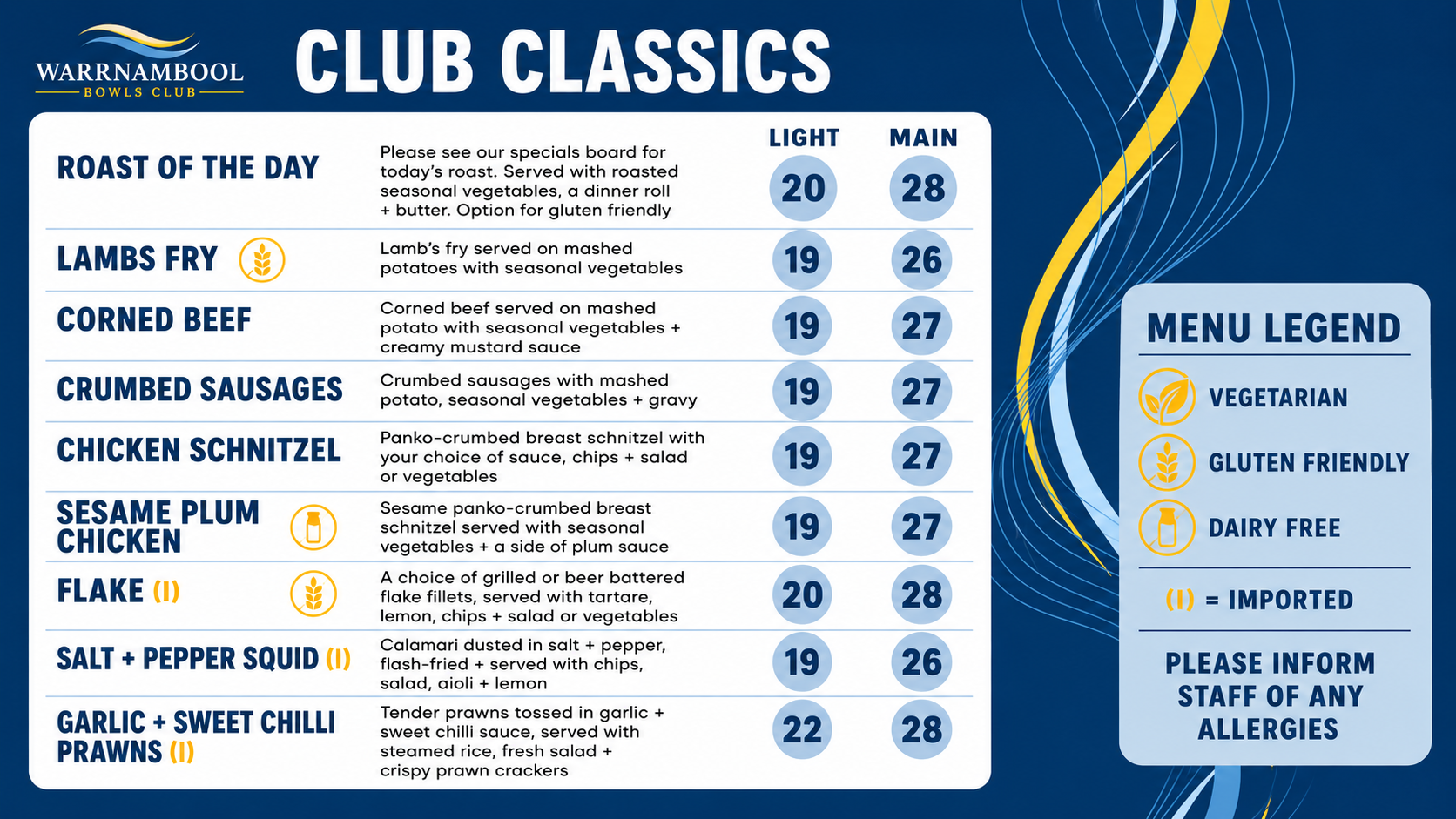 Warrnambool Bowls Club menu – club classics