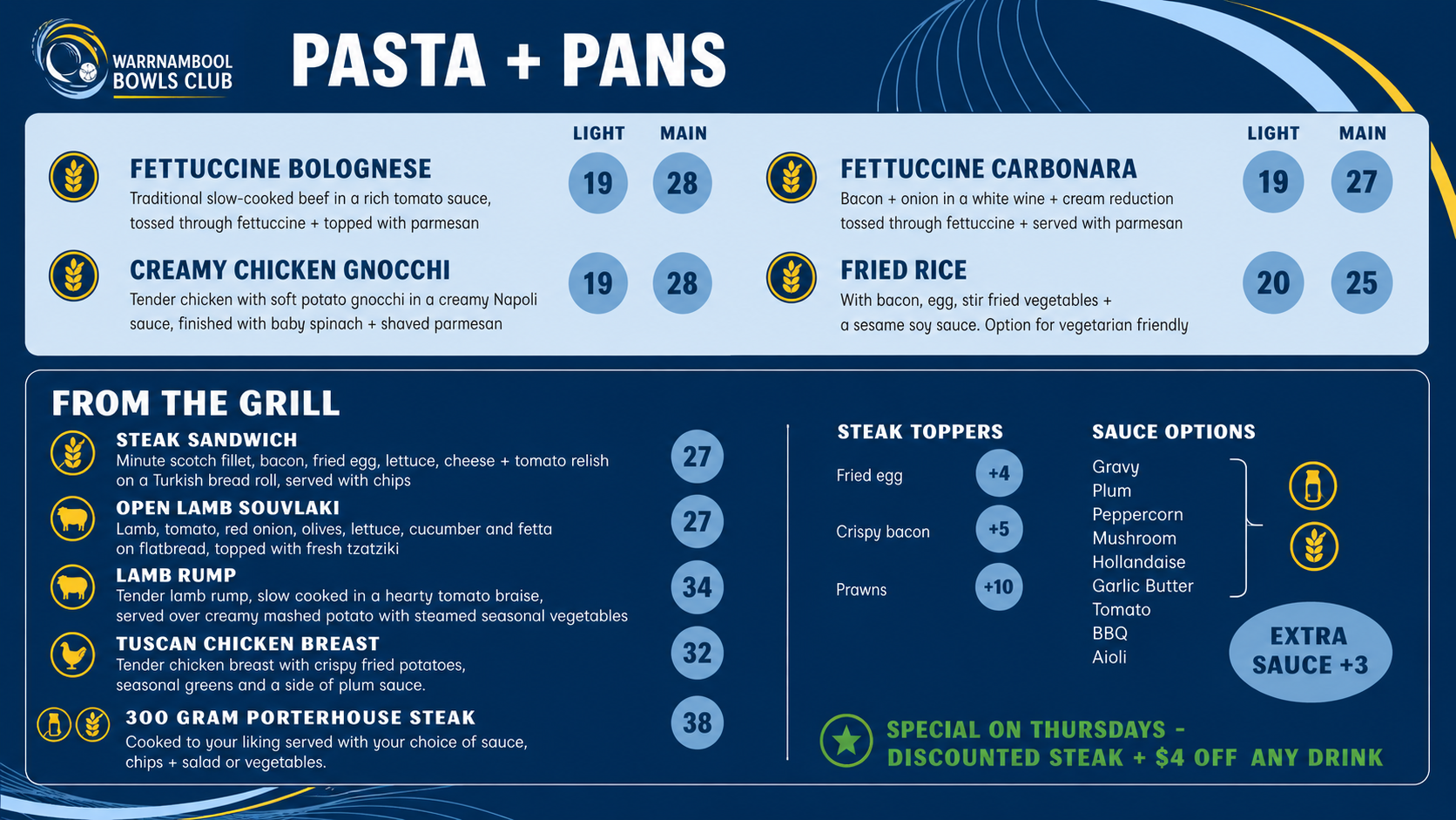 Warrnambool Bowls Club menu – pasta, pans and grill dishes