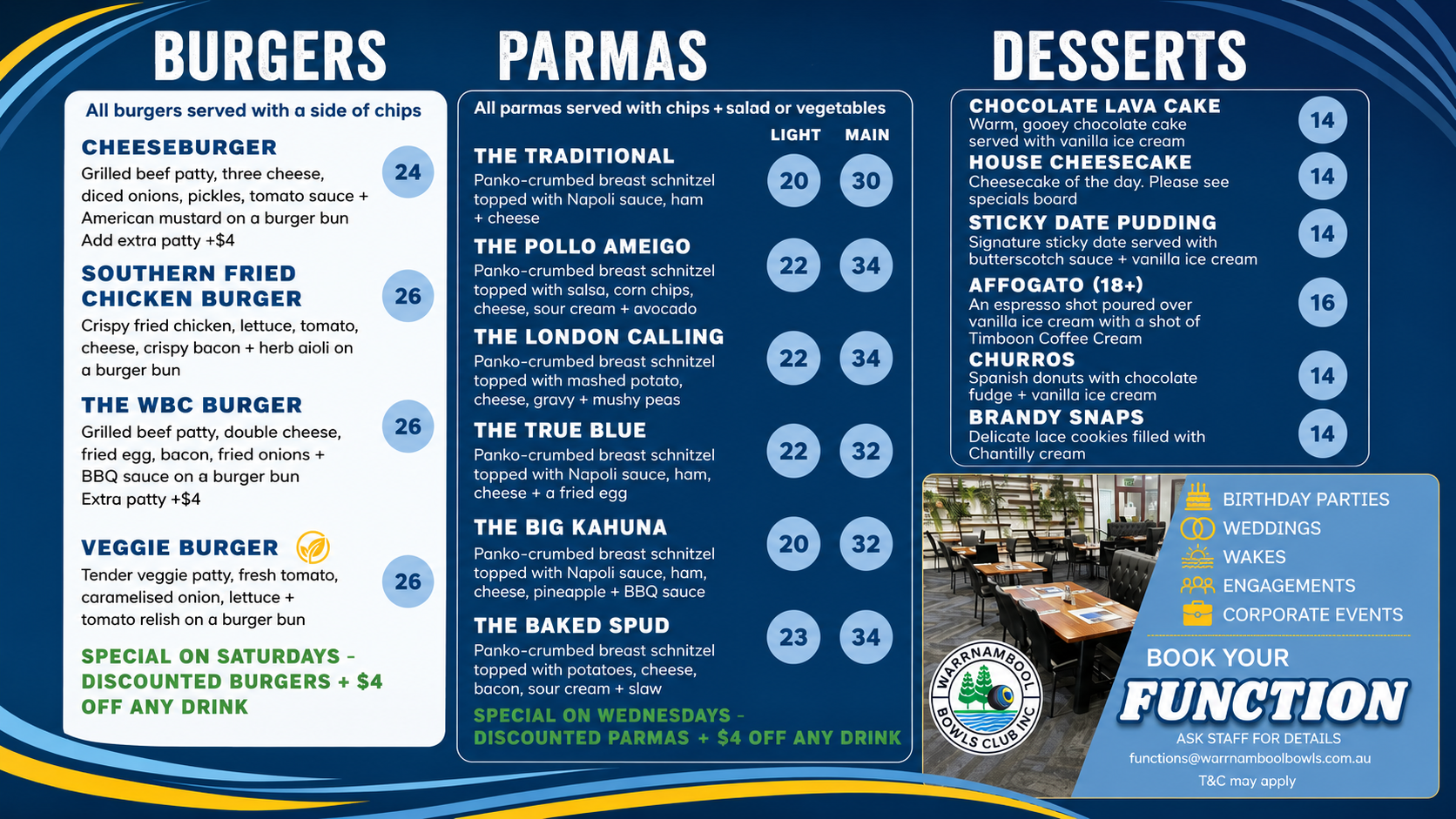 Warrnambool Bowls Club menu – burgers, parmas and desserts