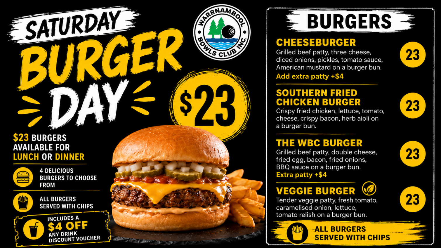 Saturday burger special at Warrnambool Bowls Club
