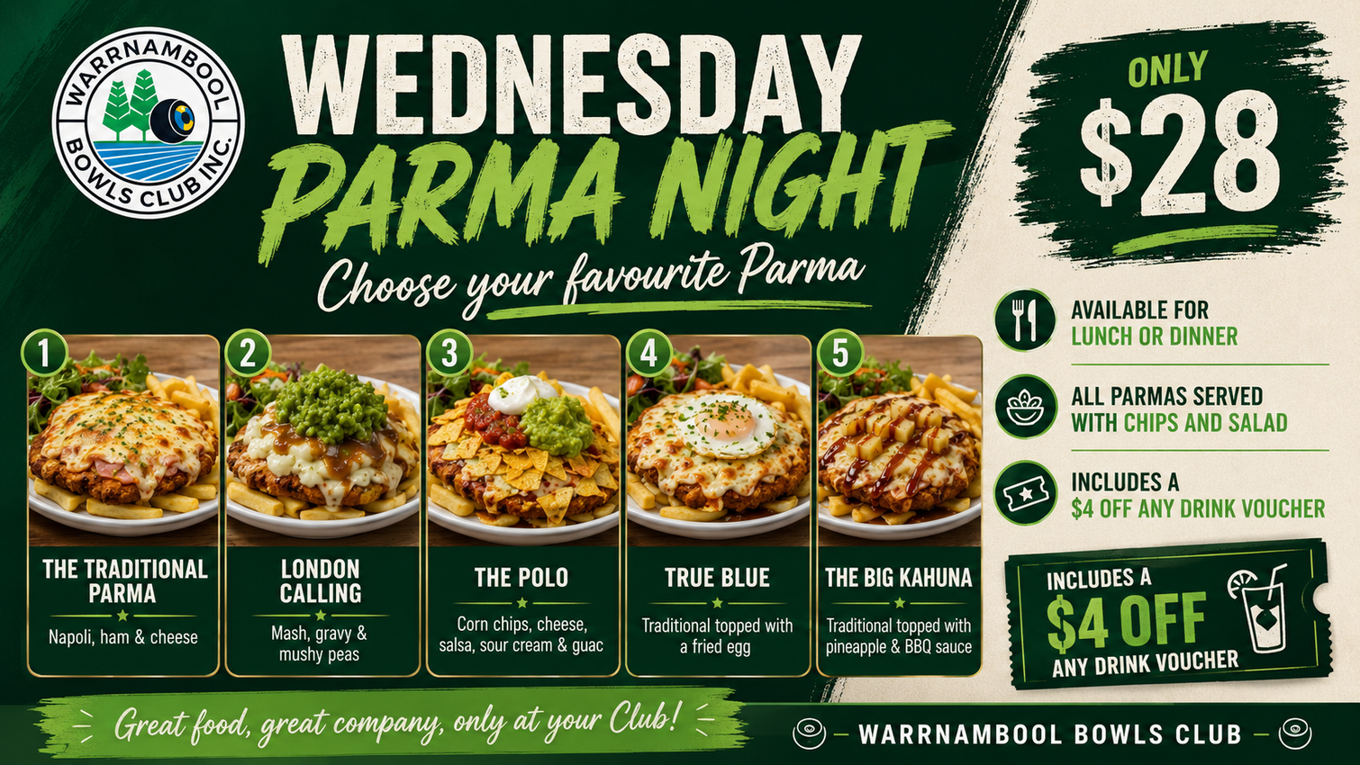 Wednesday Parma Night – five parmas for $28 at Warrnambool Bowls Club