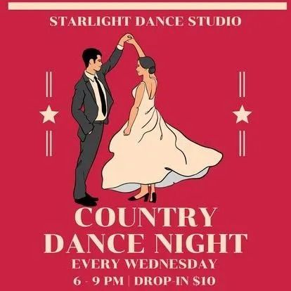 Country dance night poster with a dancing couple, red background, every Wednesday at 6–9 PM in Studio 1.