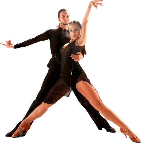 Two ballroom dancers in black outfits pose in a dramatic Latin dance hold on a white background