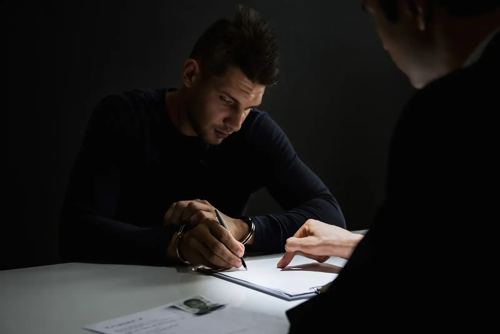 A man in handcuffs is signing a document, representing the topic of domestic violence.