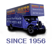 Harold Jones Removals blue historic van with yellow lettering and “Since 1956” text underneath