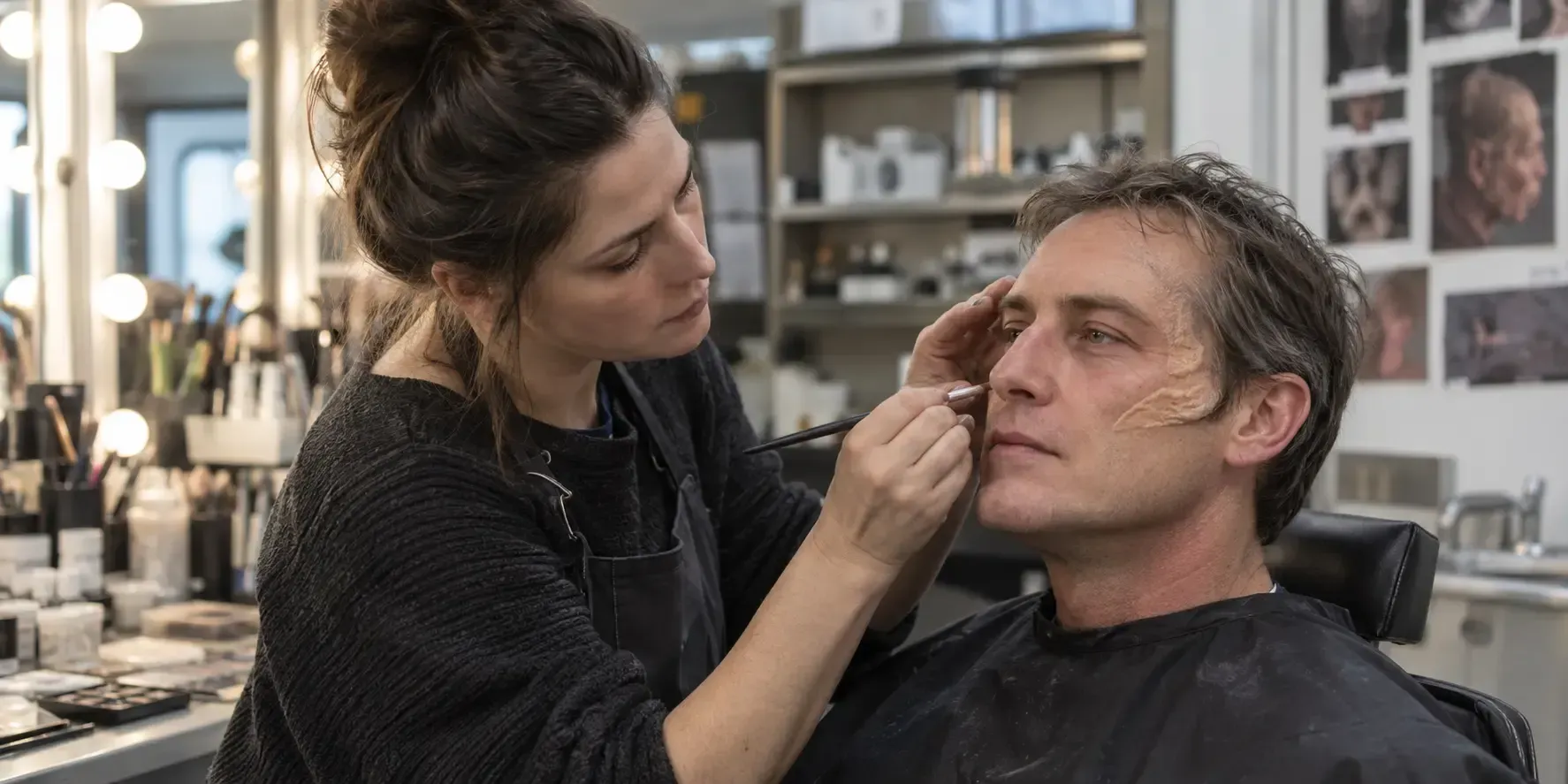 Makeup artist applying makeup to a seated man in a salon mirror station