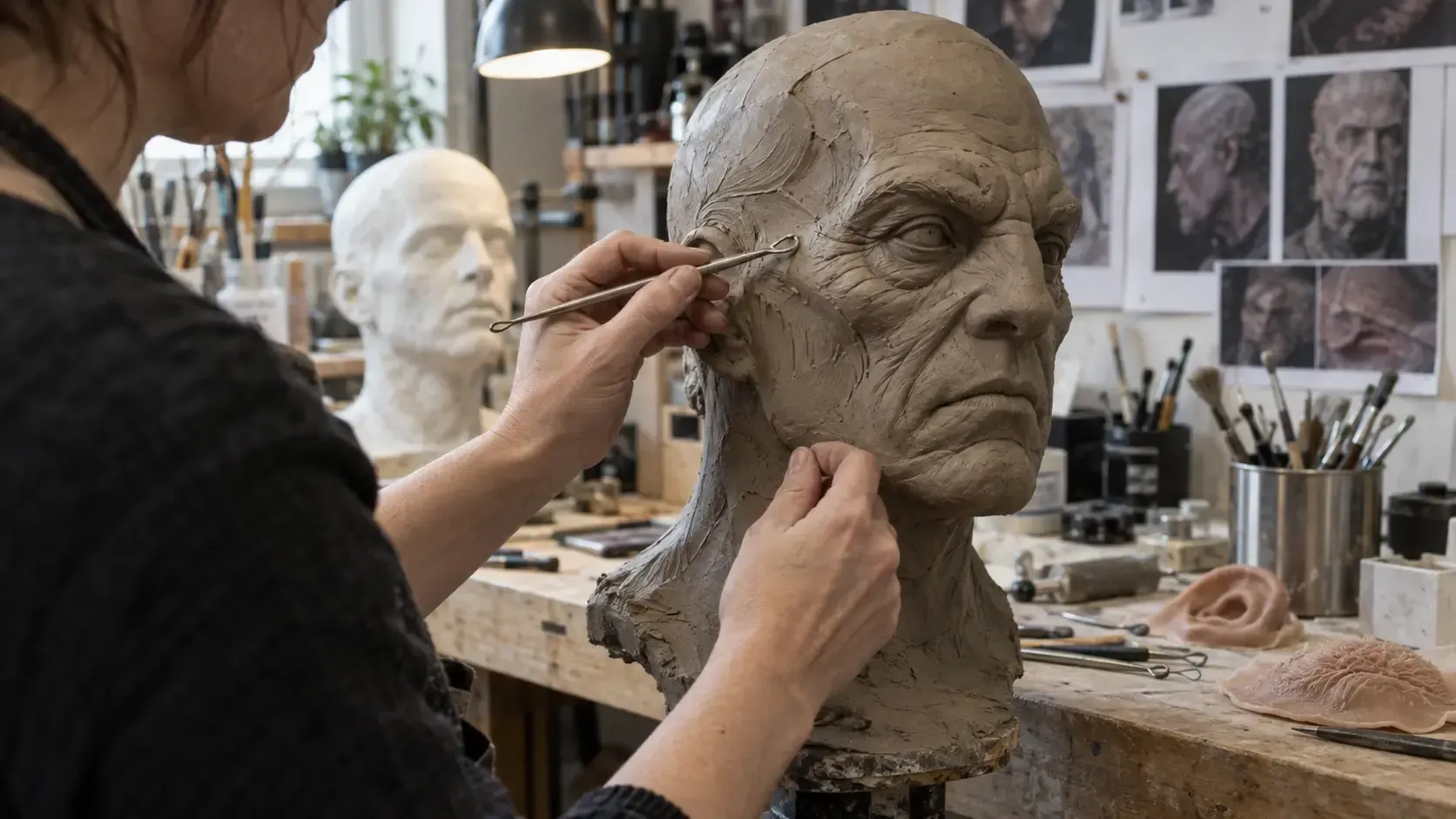 Artist sculpting a clay portrait bust at a workbench in a studio with reference photos behind her
