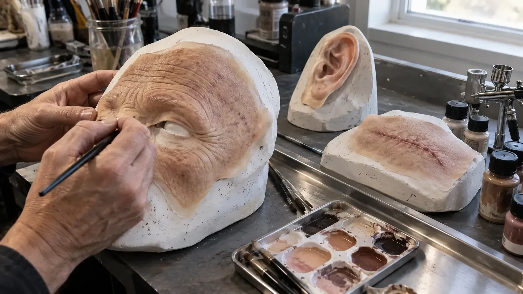 Artist painting hyperrealistic face sculptures in a studio, with tools and paint palettes nearby.