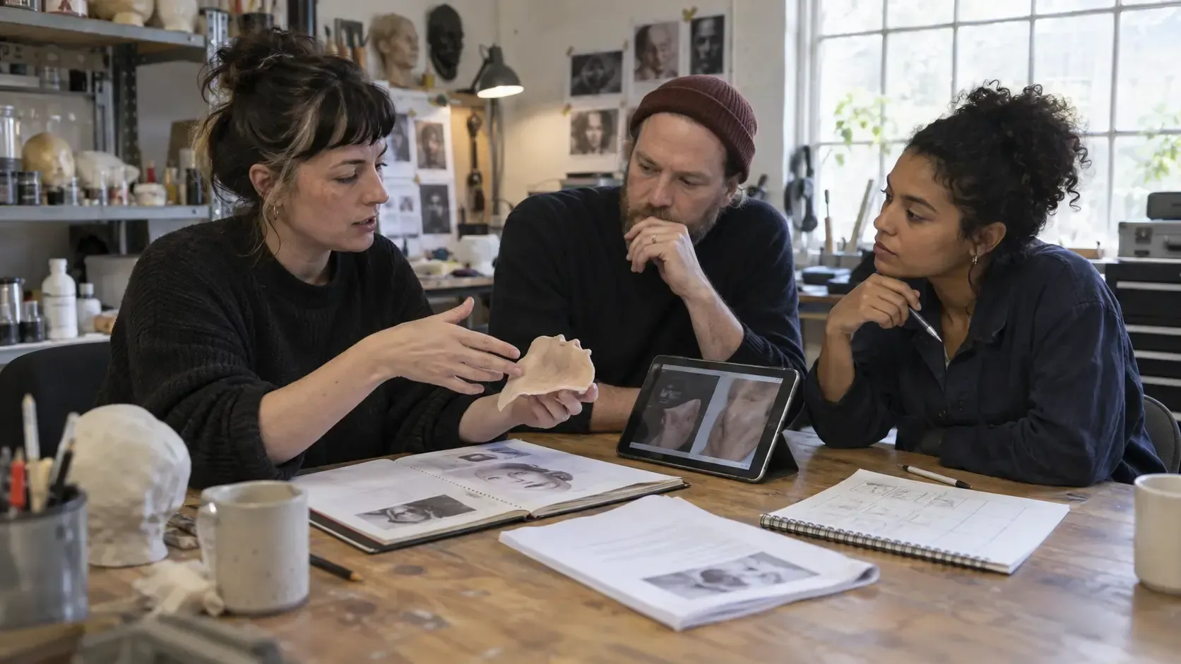 Three people in a kitchen discuss notes and a tablet at a wooden table.