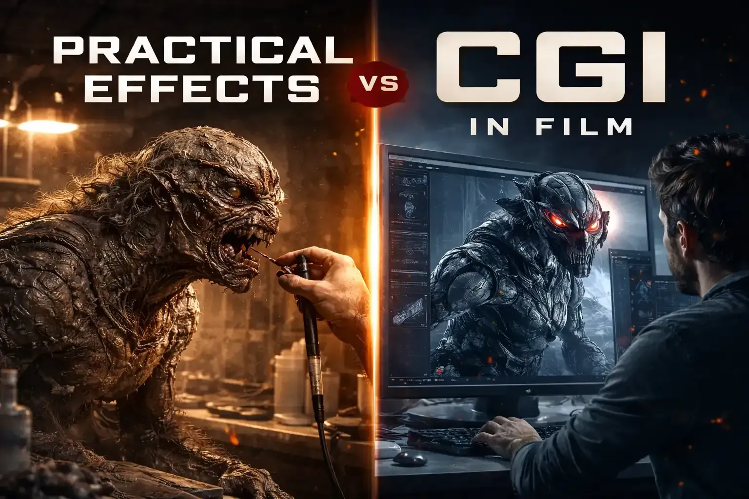Comparison of practical effects vs. CGI in film: a creature being built vs. a digital artist working on a CGI character.