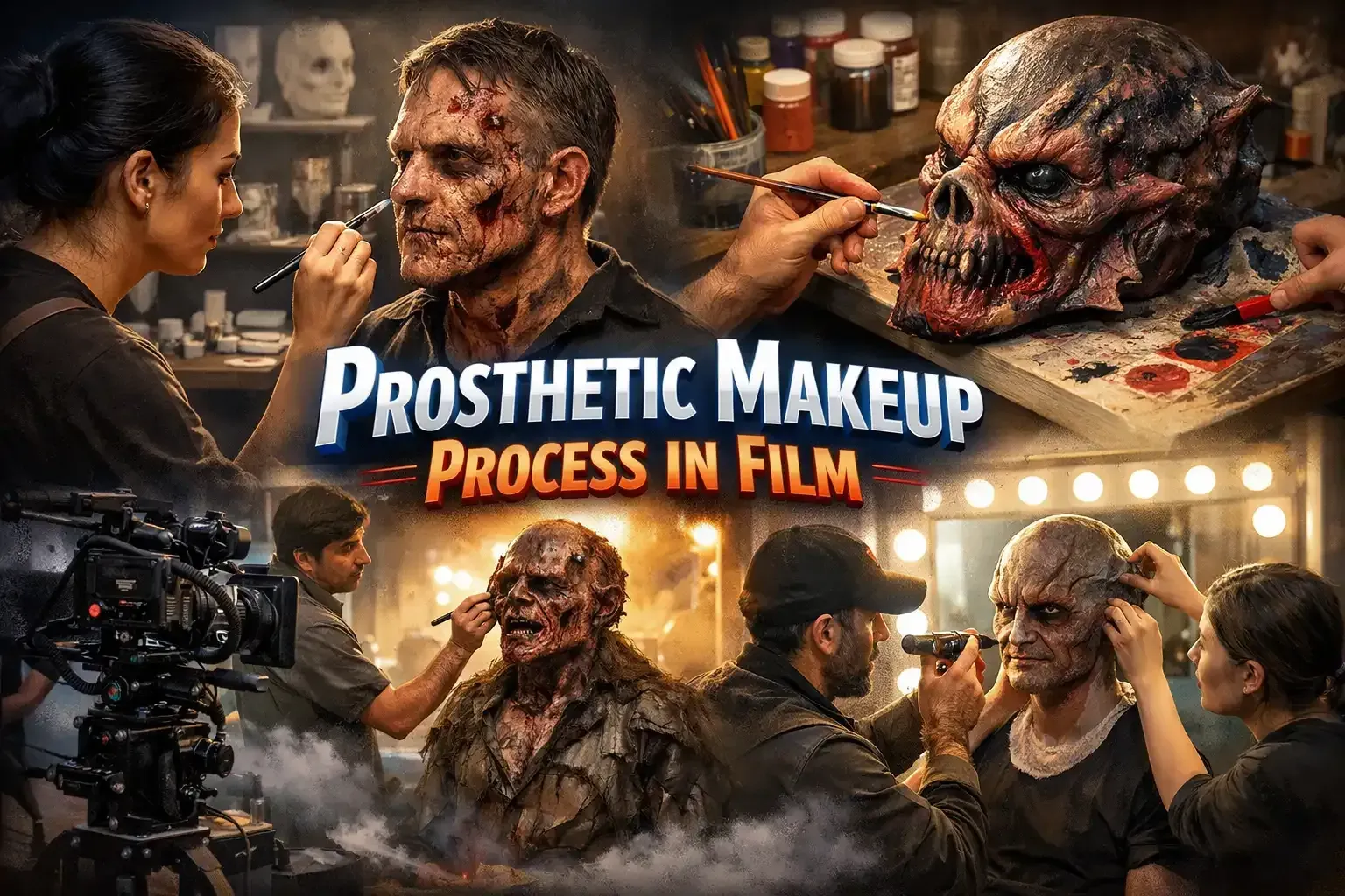 A collage shows artists applying prosthetic makeup to actors and a creature prop on a film set.