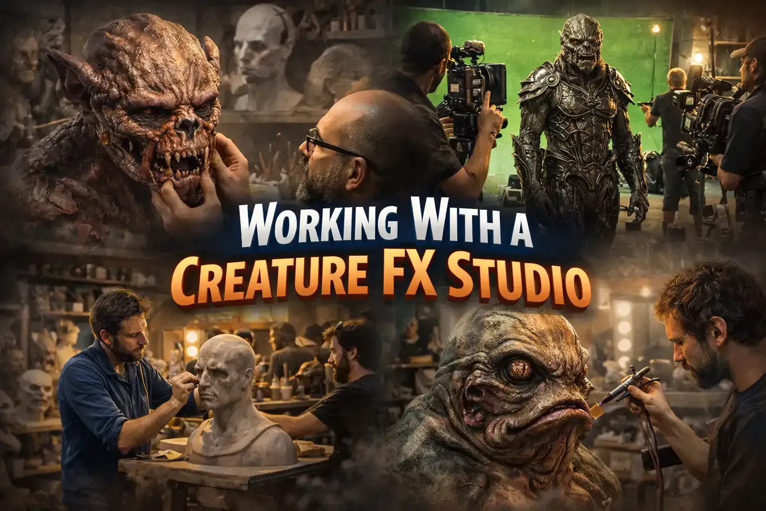 Collage of artists sculpting and painting detailed creature masks and suits in a professional effects studio.