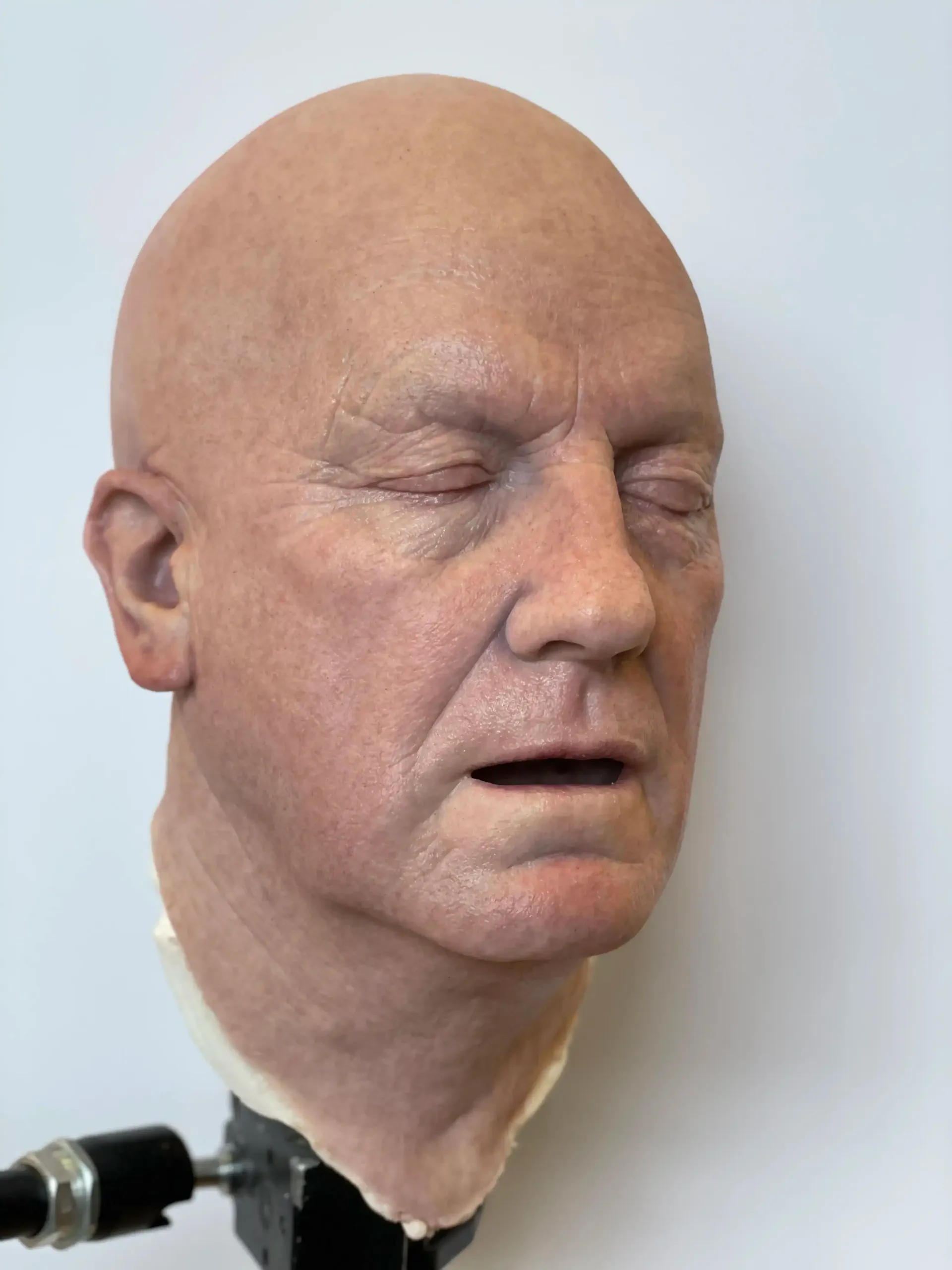 A lifelike, bald silicone mask of a person’s head with closed eyes and a neutral expression, mounted on a stand.