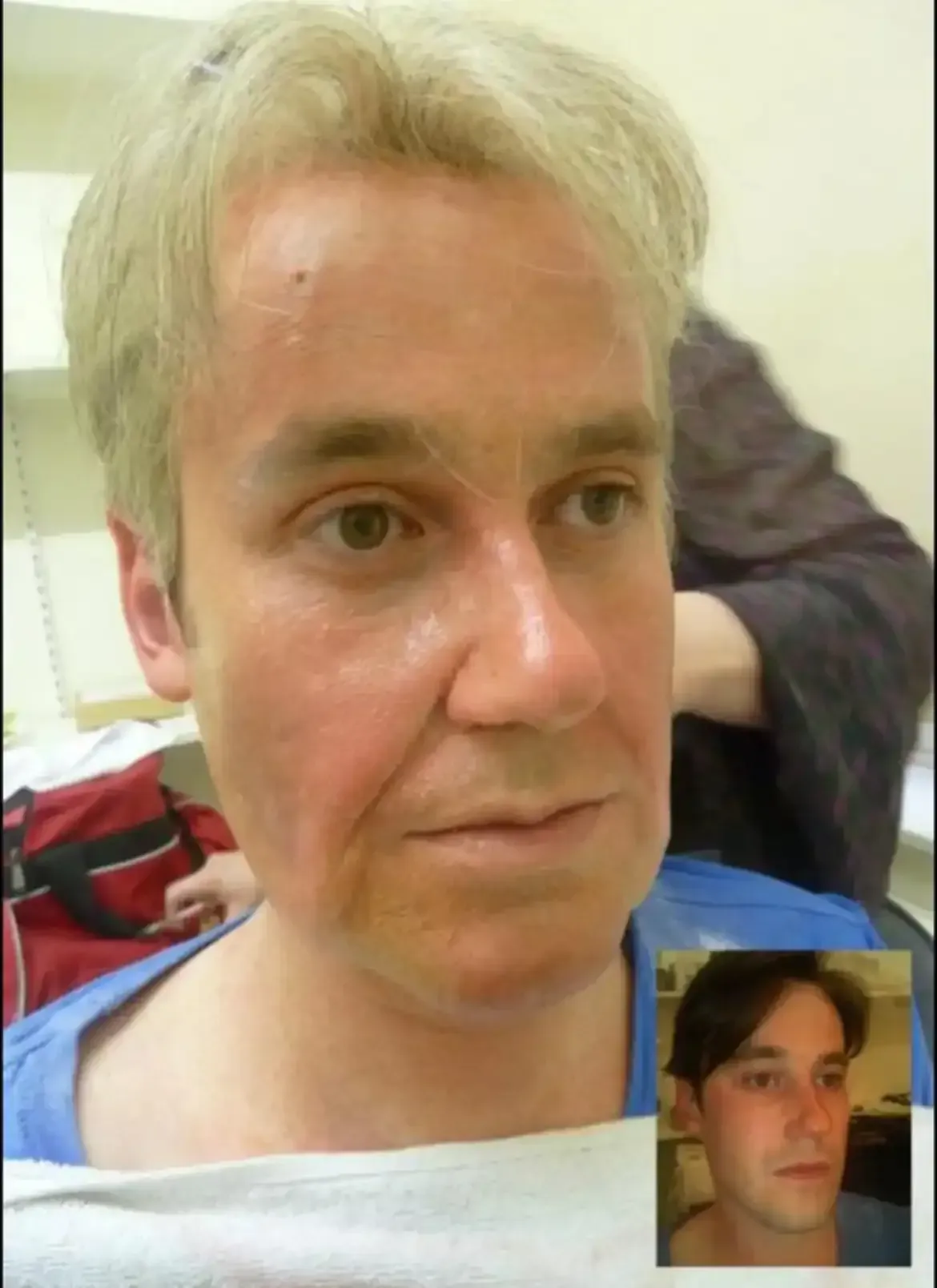 Man with aging makeup, looking to the side. Insert shows the same man younger.