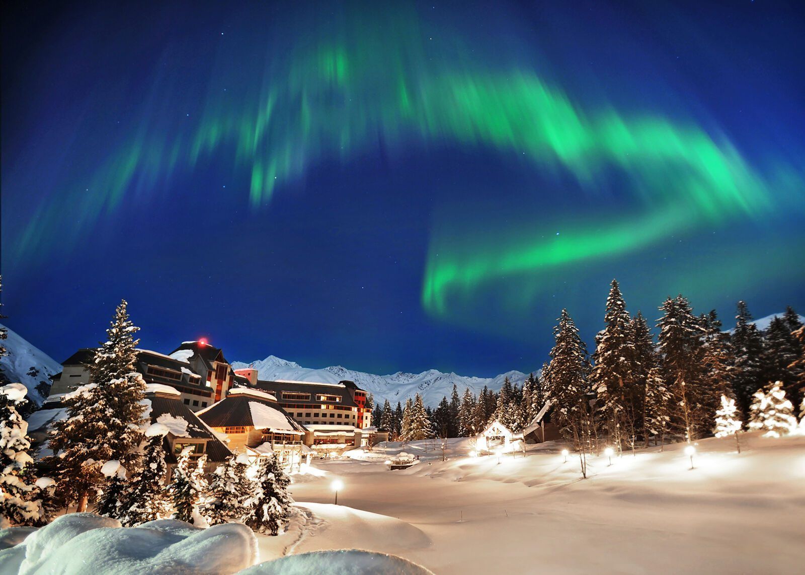 Snowy village under green northern lights in a winter night sky