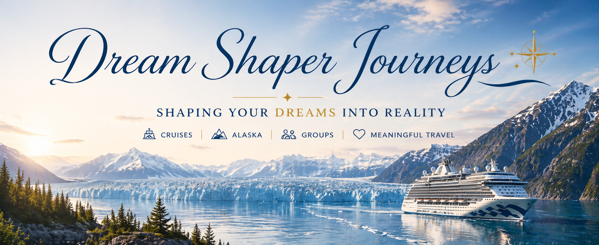 Dream Shaper Journeys banner over snowy mountains and a calm blue lake with the tagline “Shaping your dreams into reality”