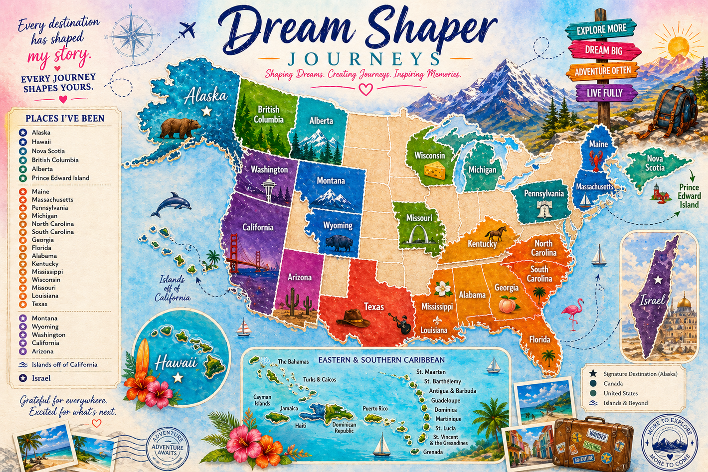 Dream Shaper Journeys world map game board with colorful countries, icons, and a travel-themed layout