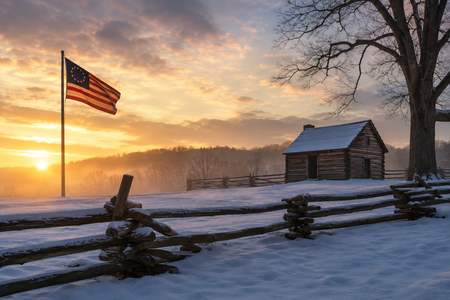 American flag at sunrise beside a snowy cabin and fence in a winter landscape