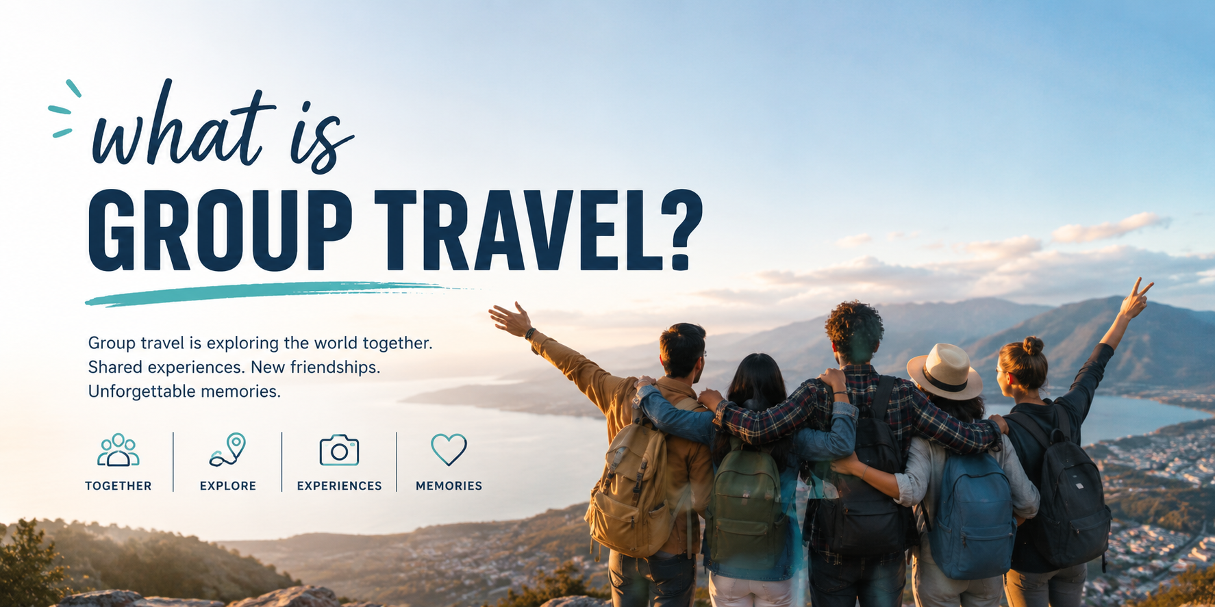 People with backpacks on a mountain overlook at sunset, next to text reading “What is group travel?”