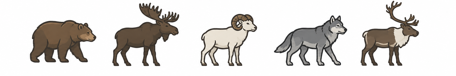Five cartoon animals walking in a row: bear, moose, sheep, wolf, and deer.