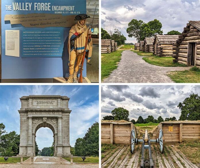 Valley Forge landmark collage: sign, log huts, stone arch, and wooden bridge under cloudy skies
