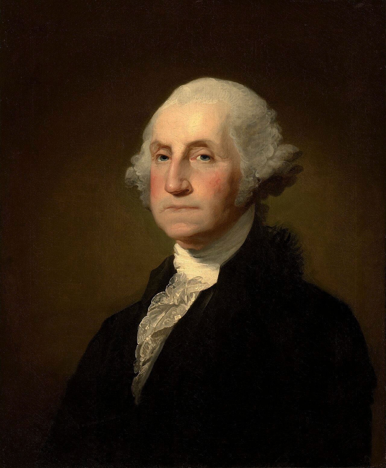 Formal portrait of George Washington in a dark coat against a brown background