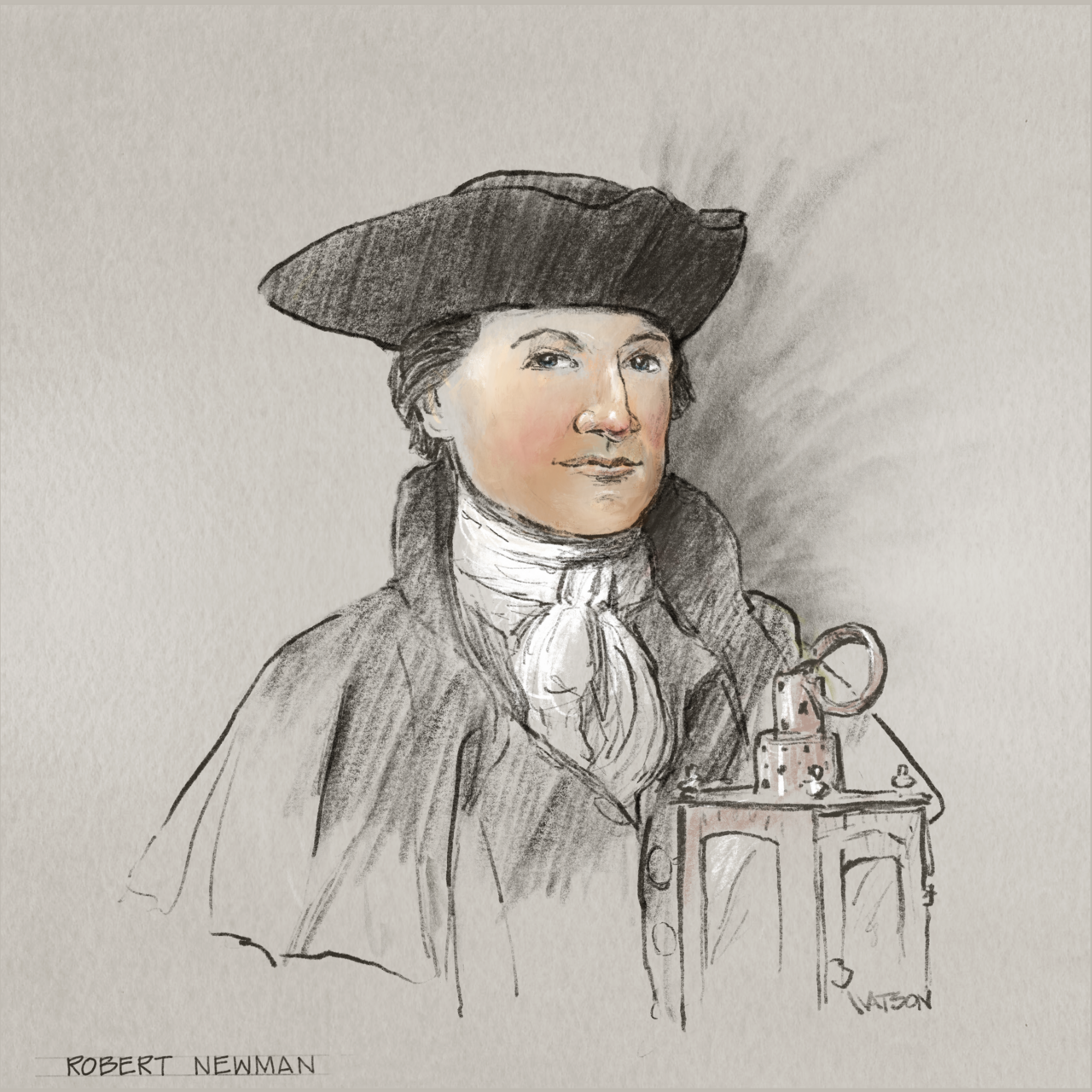 Portrait sketch of an 18th-century figure in a tricorn hat holding an early scientific instrument