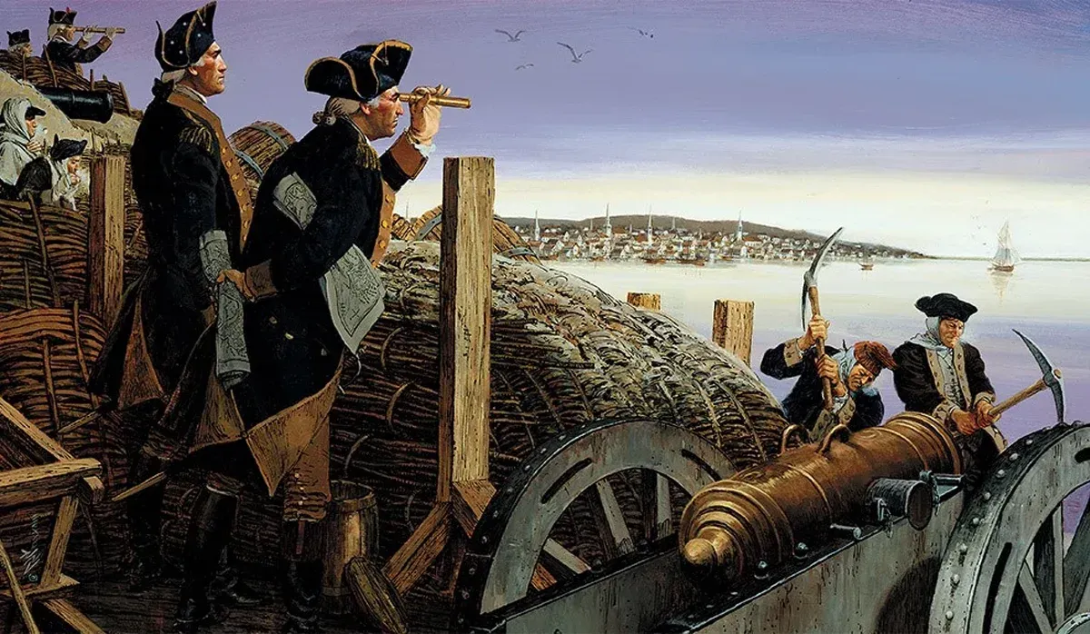 Cannon crew in dark uniforms aiming at a seaside fort during a coastal battle