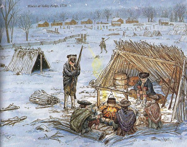 Winter camp scene with soldiers around a fire in snowy tents, one standing guard with rifle raised.