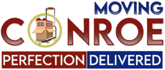 Moving Conroe logo with moving boxes and slogan “Perfection Delivered”