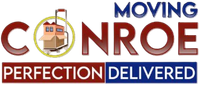 Moving Conroe logo with moving boxes and slogan “Perfection Delivered”