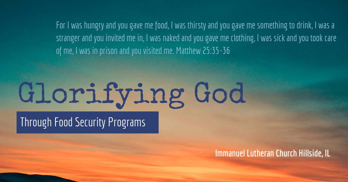 A poster for glorifying god through food security programs with a sunset in the background.