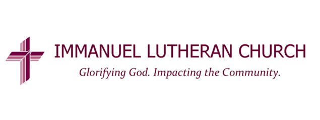 The logo for immanuel lutheran church is purple and white with a cross.