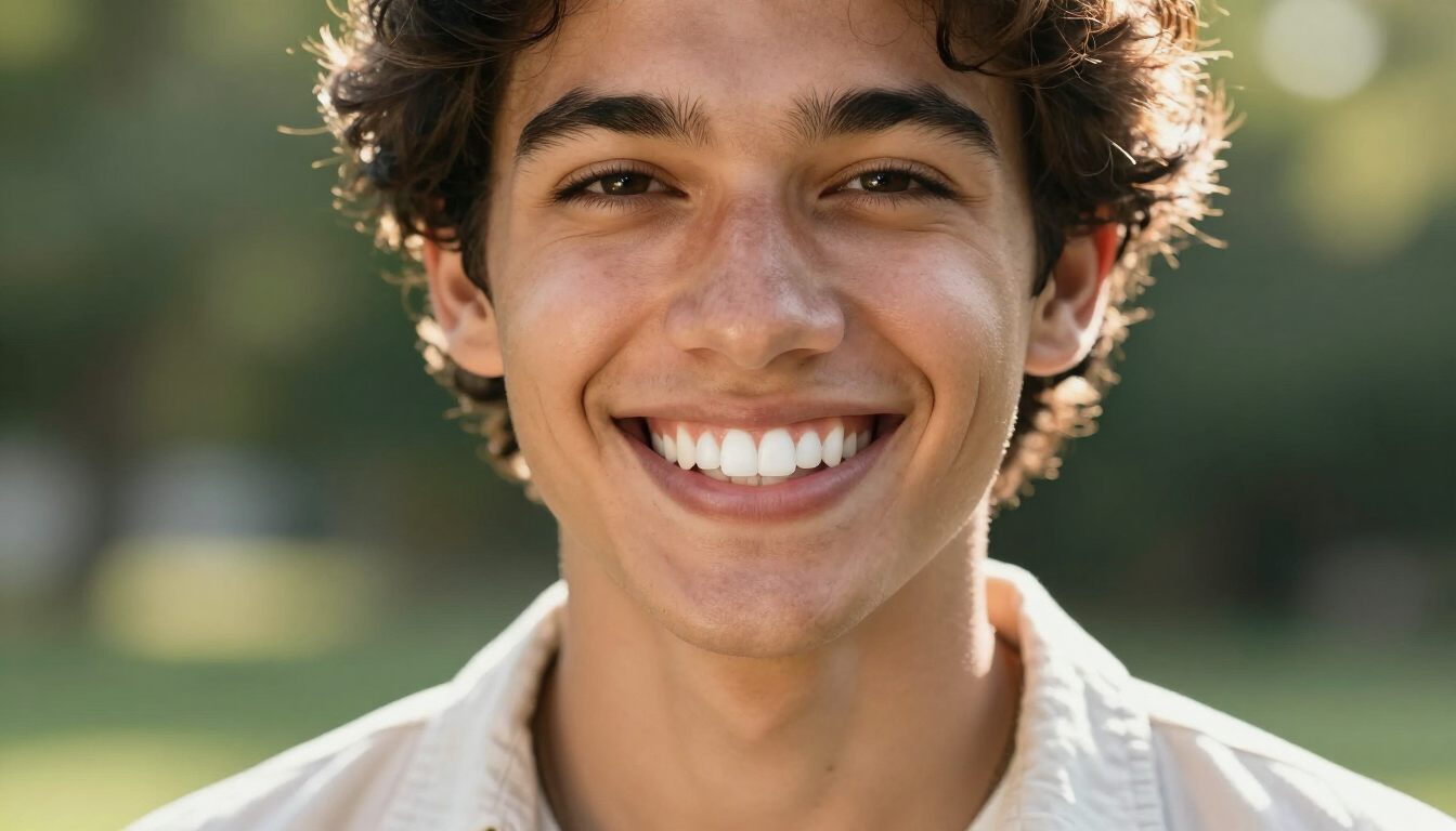 Smiling person with curly hair outdoors in soft natural light