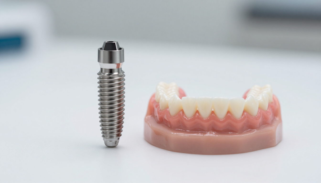 Dental implant beside a pink-and-white upper denture on a white background