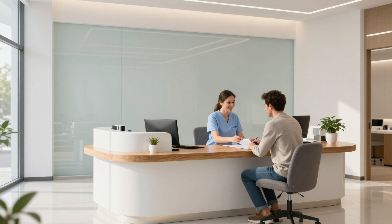 Two people talking across a white reception desk in a bright, modern office lobby