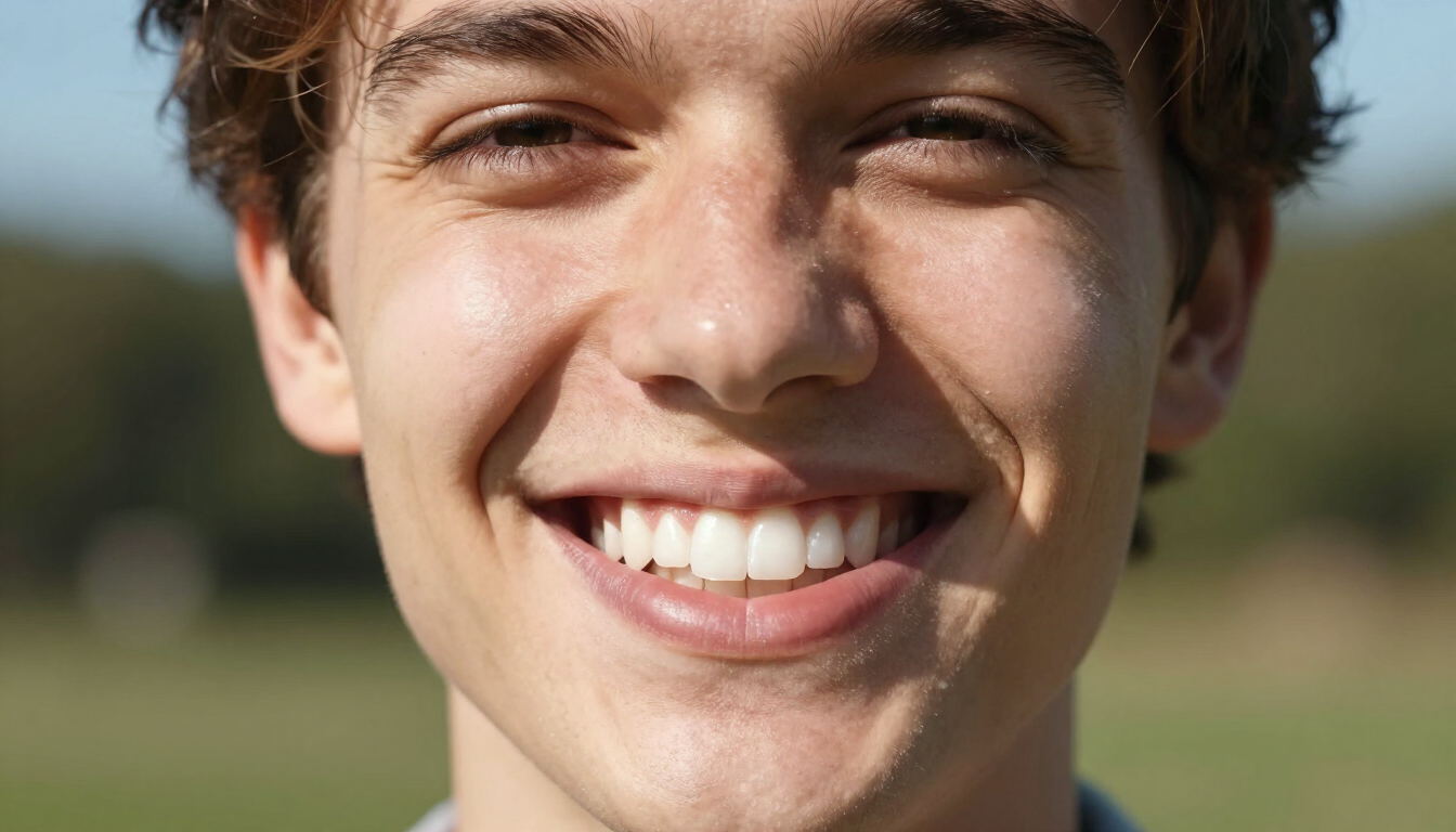 photorealistic close-up of a person smiling with bright white healthy teeth outdoors natural sunlight